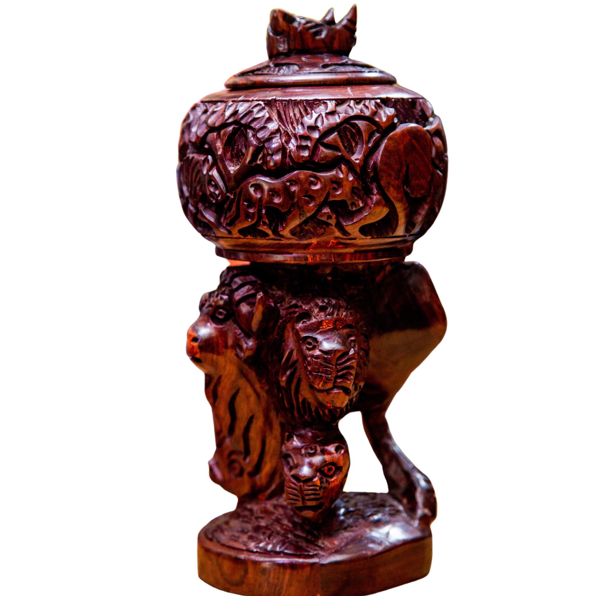 Big Five African Animals Design Wood Sugar Pot - Hand-Carved Mninga